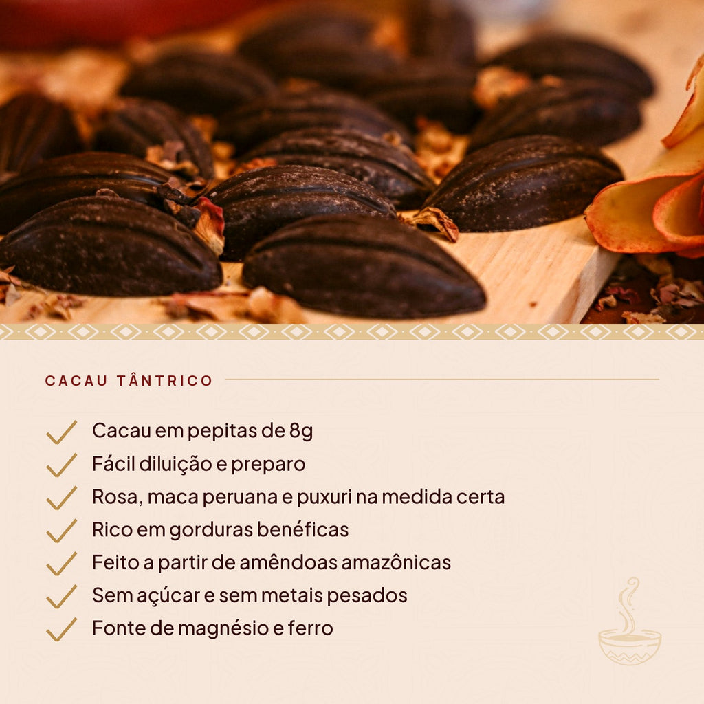 Pepitas de cacau Theobroma Cacau Tântrico e seus benefícios: pepitas de 8g, fácil diluição, rosa, maca peruana e puxuri na medida certa, sem açúcar e sem metais pesados, fonte de magnésio e ferro