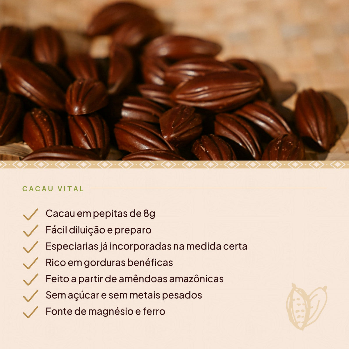 Pepitas de cacau Theobroma Cacau Vital e seus benefícios: pepitas de 8g, fácil diluição, especiarias incorporadas, sem açúcar e sem metais pesados, fonte de magnésio e ferro